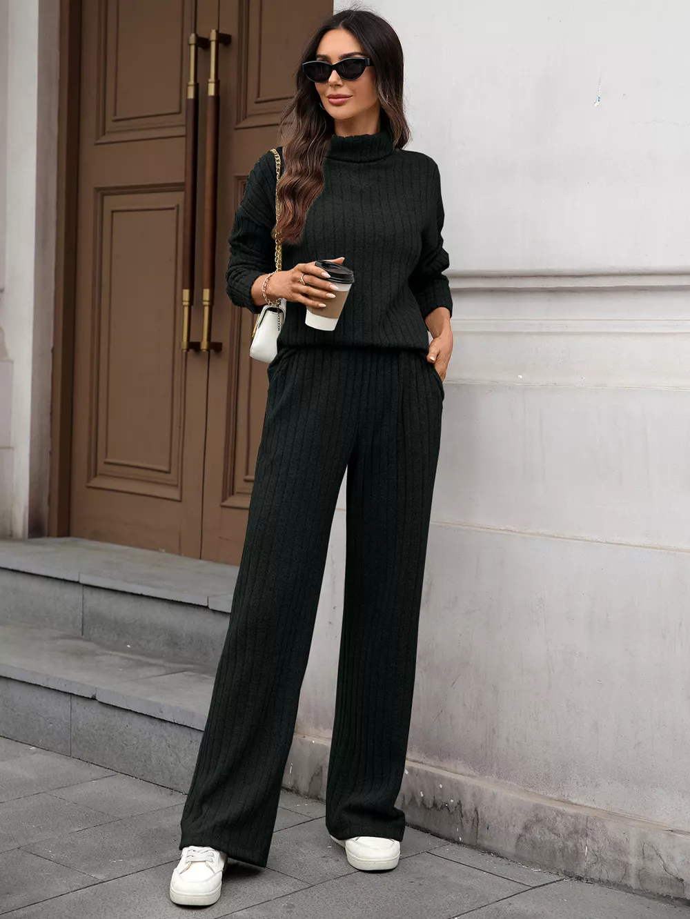 Ribbed Turtleneck Dropped Shoulder Top and Pants Sweater Set, image 27