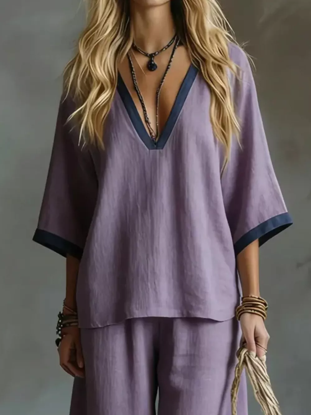Contrast Trim V-Neck Top and Pants Set, image 8