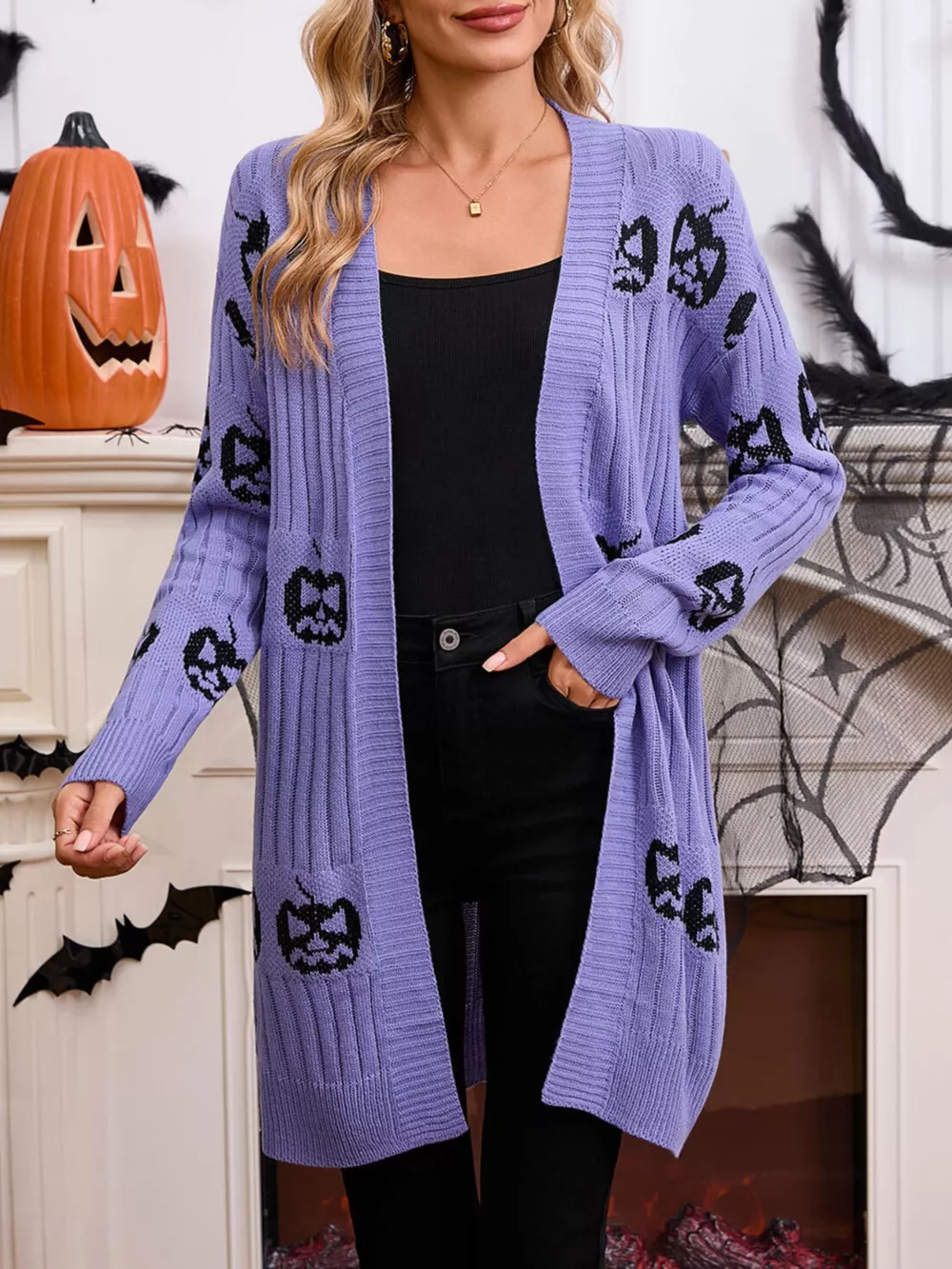 Halloween Pumpkin Open Front Knit Cardigan, image 12