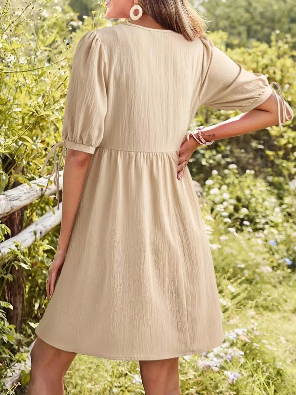 Tie-Neck Puff Sleeve A-Line Mini Dress, image 3