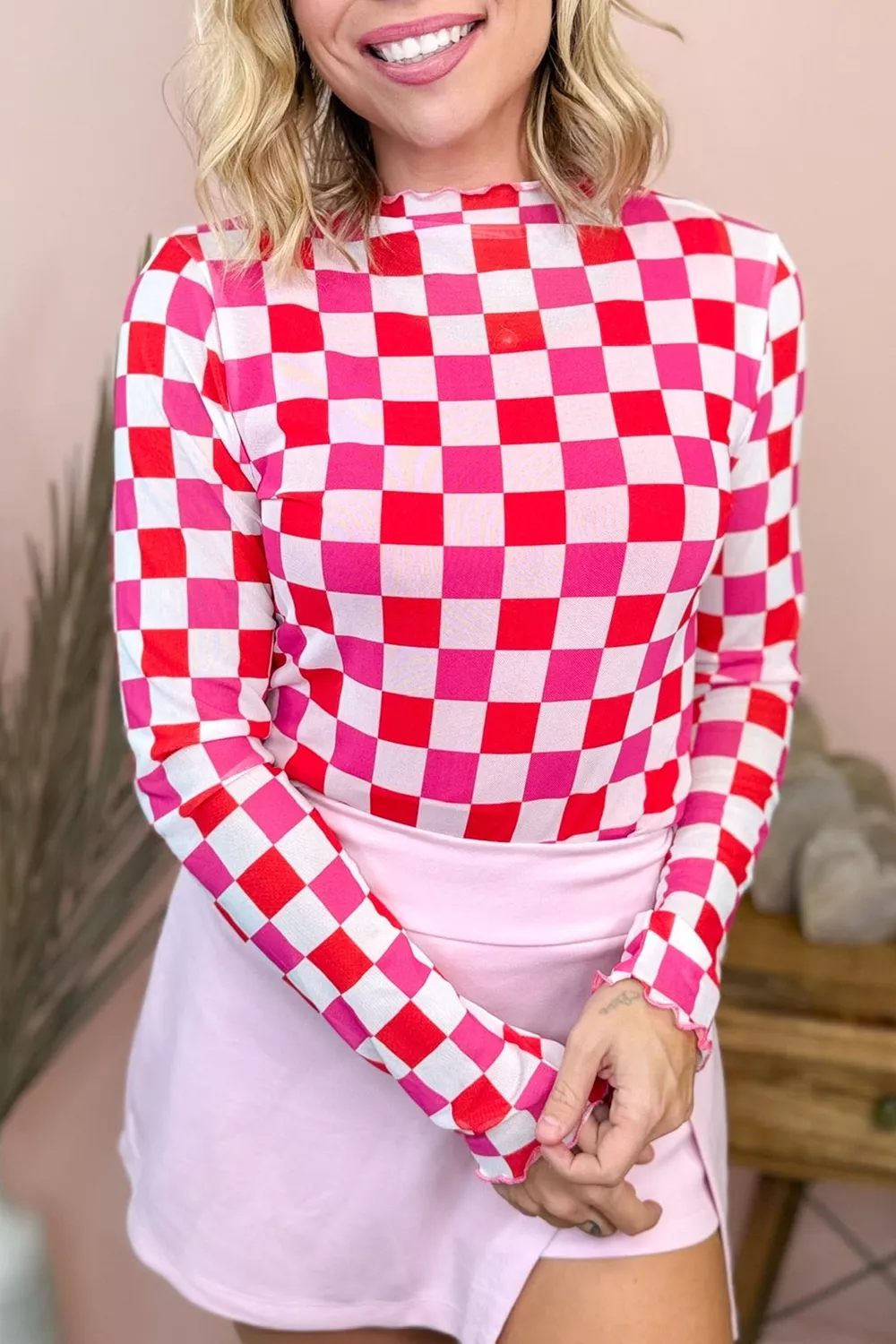Plaid Heart Mesh Sheer Long Sleeve High Neck Top, image 2