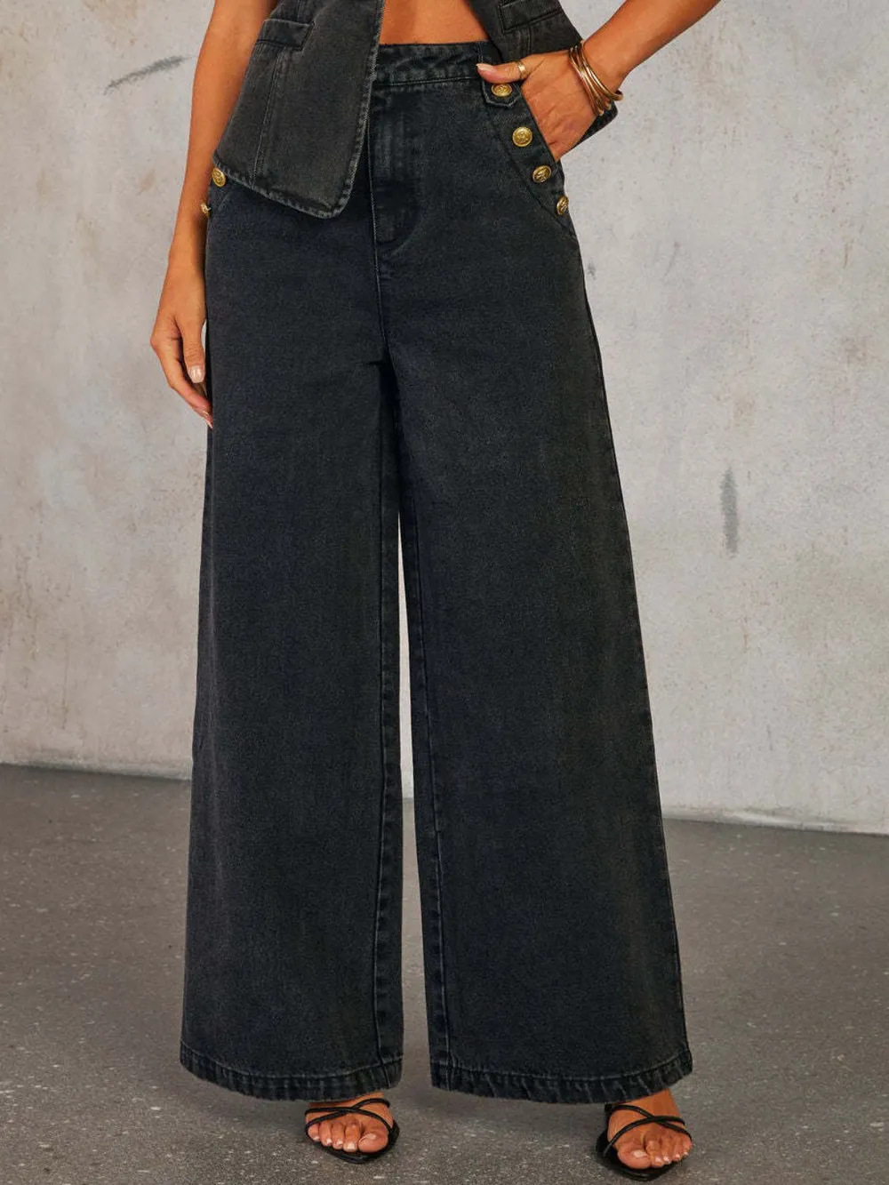 Button Decor High Rise Wide Leg Jeans, image 10