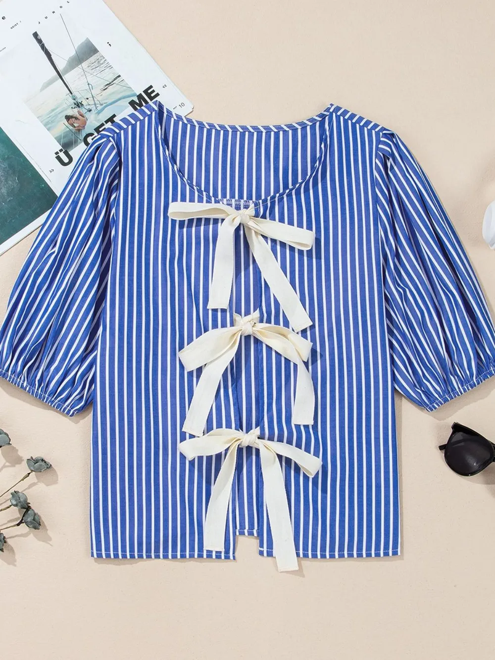Stripe Tied Front Puff Short Sleeve Top, image 9
