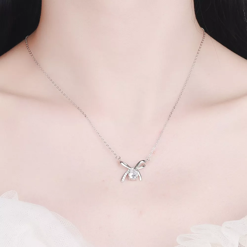 925 Sterling Silver Zircon Ribbon Pendant Necklace, image 4