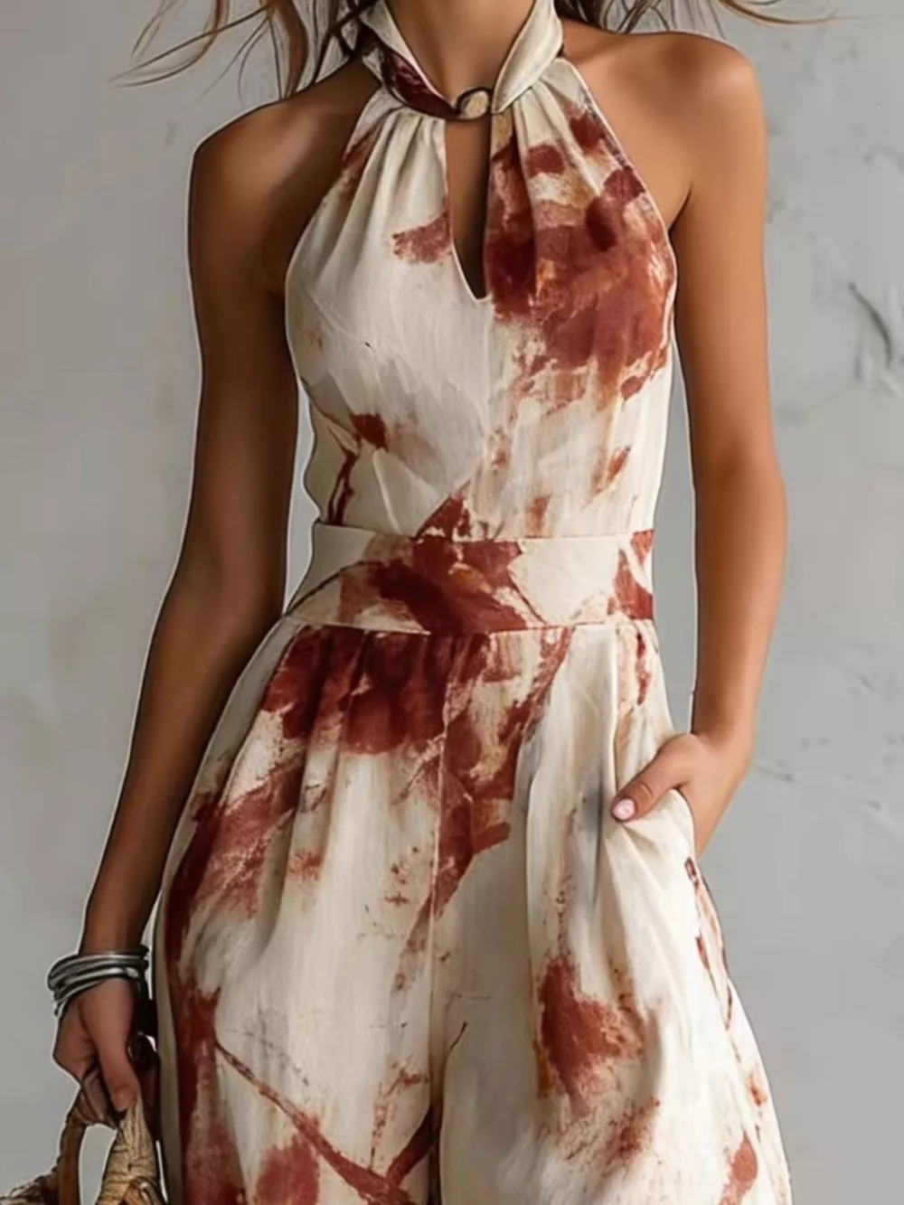 Ink Wash Print Halter Neck Wide-Leg Jumpsuit, image 5