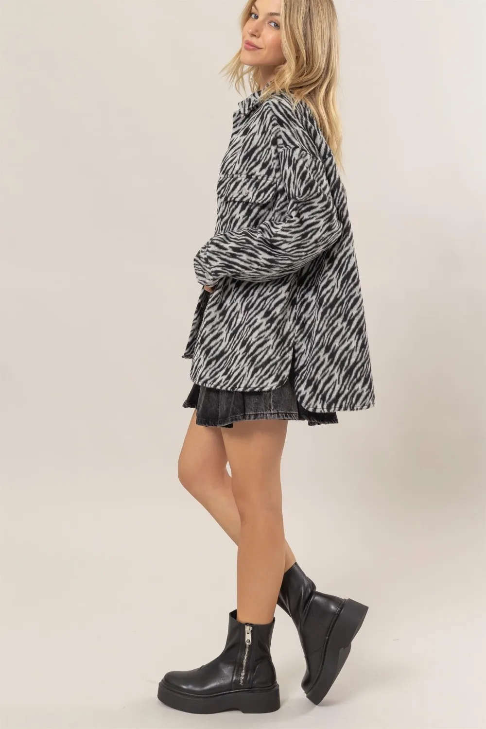 Zebra Print Snap Down Long Sleeve Shacket, image 5