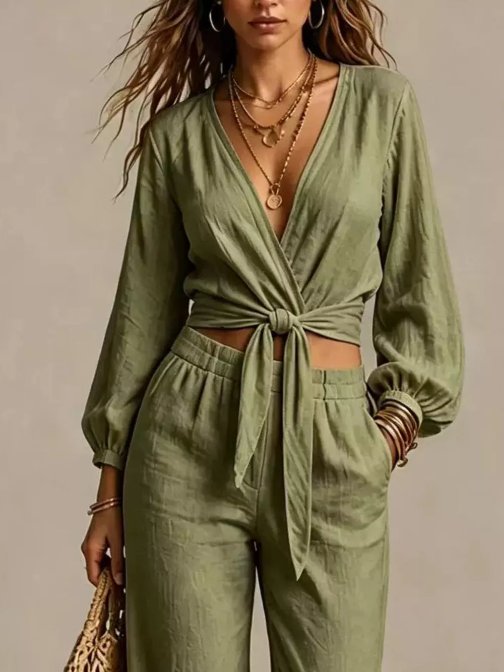 Tie-Front Crop Top and Wide-Leg Pant Set, image 4