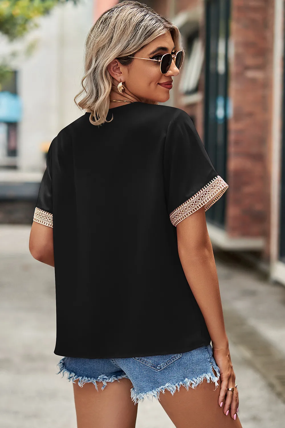 Openwork V-Neck Short Sleeve T-Shirt, image 9
