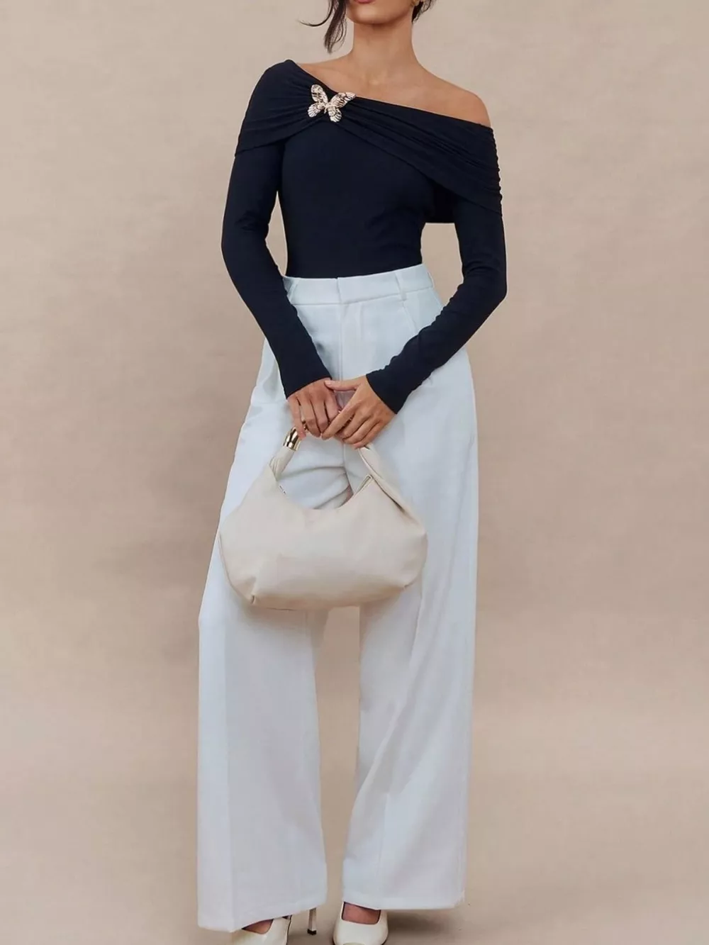 Elegant Off-Shoulder Long Sleeve Top with Butterfly Detail, image 6