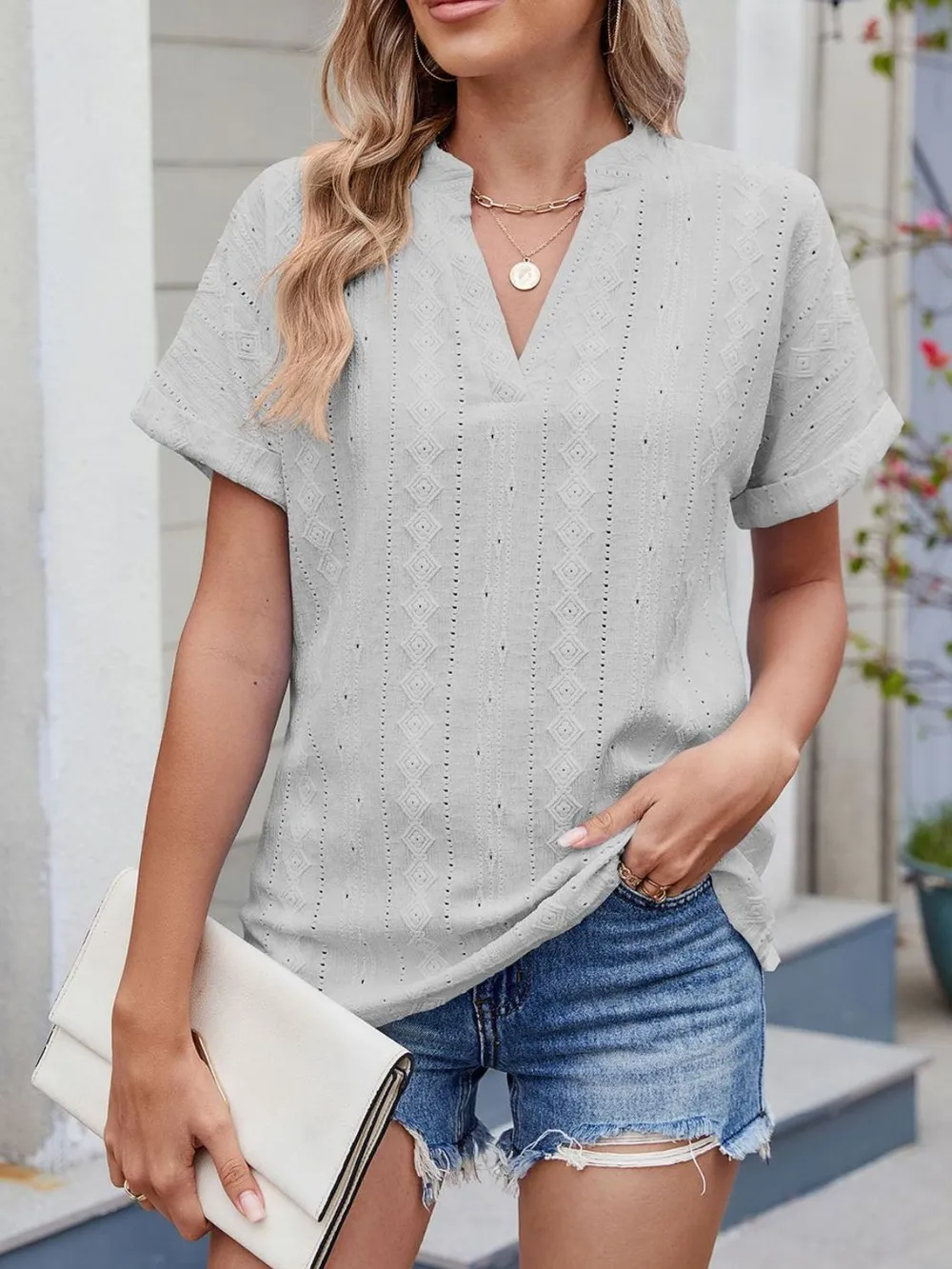 Eyelet Notched Short Sleeve Top, image 35