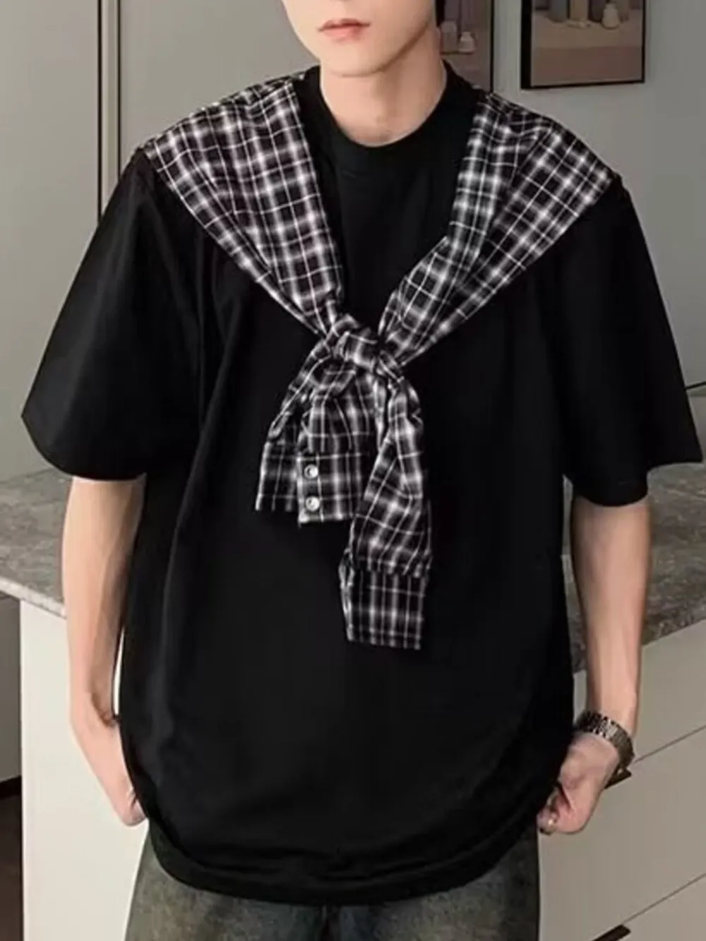 Men's Full Size Oversized T-Shirt with Plaid Shawl Plus Size, image 2