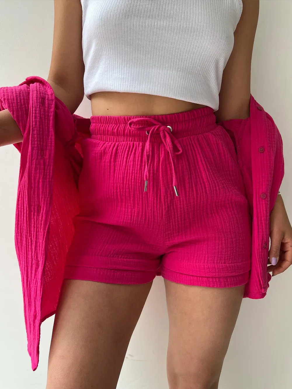 Texture Button Up Shirt and Drawstring Shorts Set, image 35