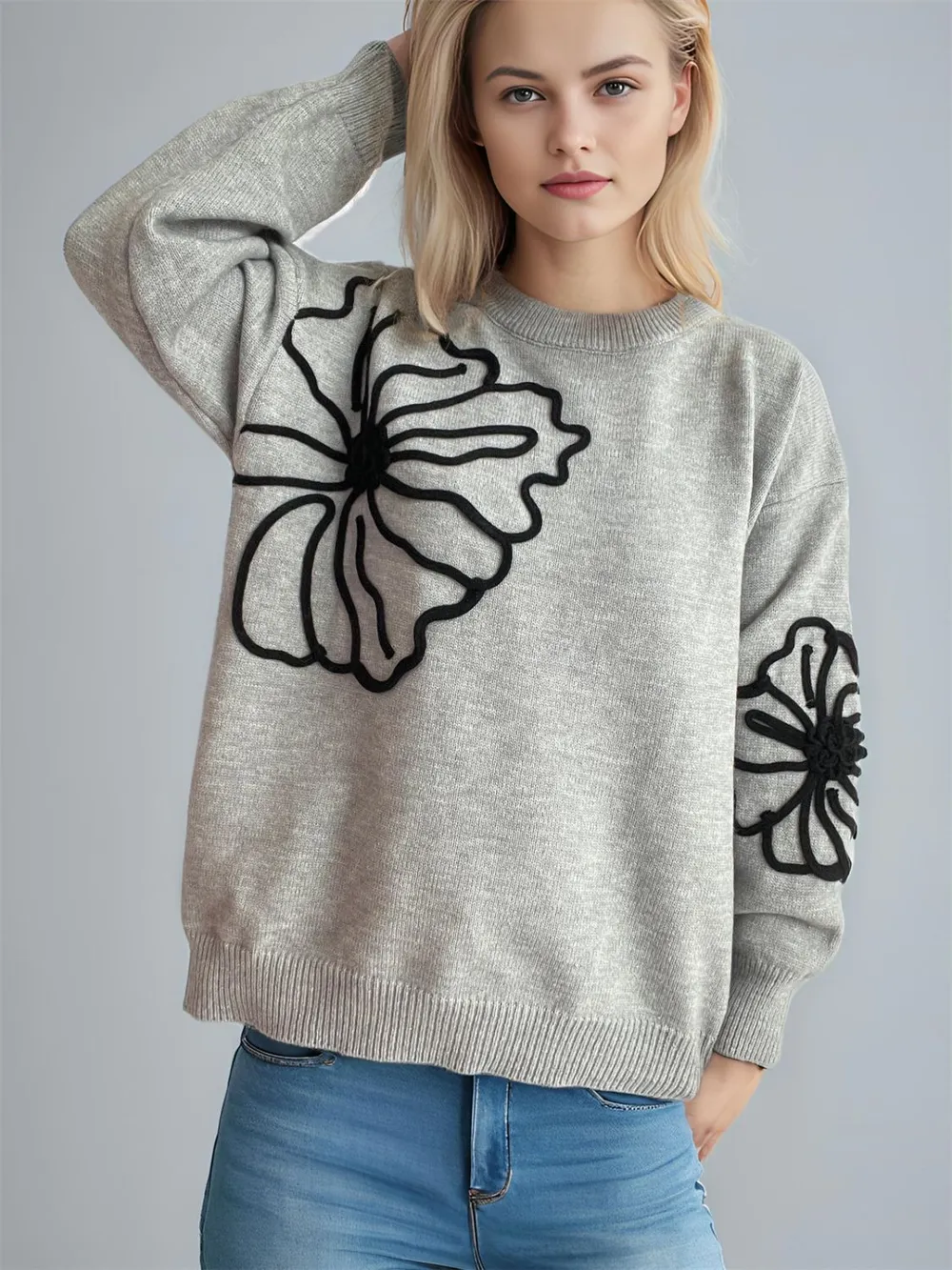 Flower Round Neck Long Sleeve Sweater, image 5