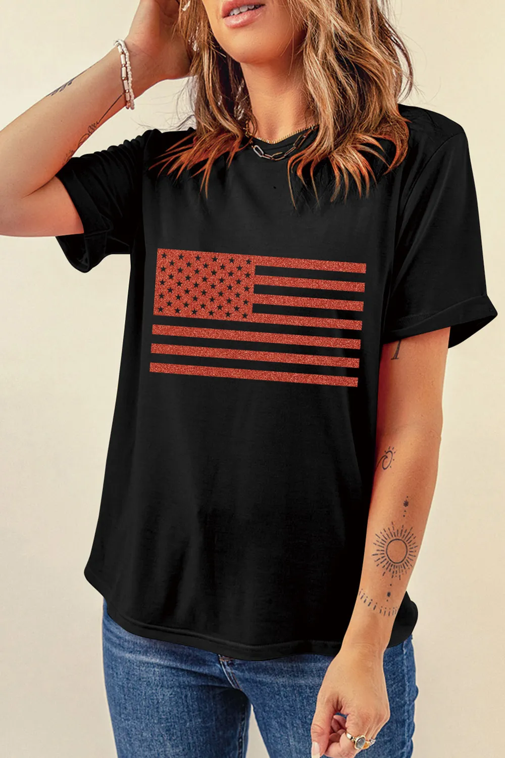US Flag Round Neck Short Sleeve T-Shirt, image 4