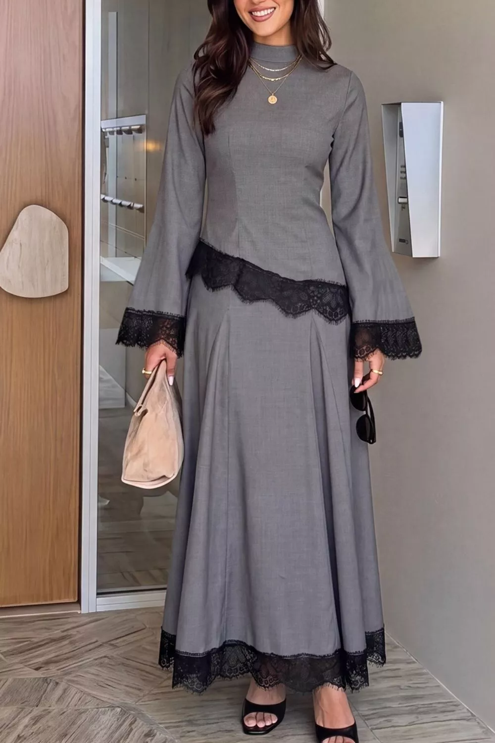 Lace Detail Mock Neck Top and Skirt Set, image 5