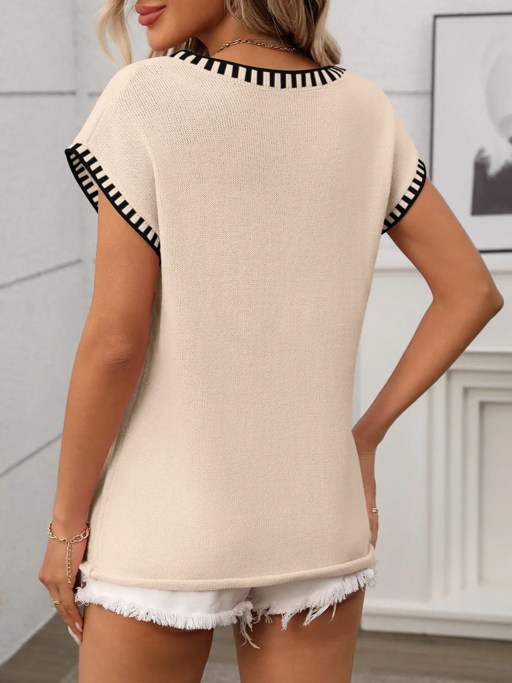 Contrast Trim V-Neck Knit Top, image 5