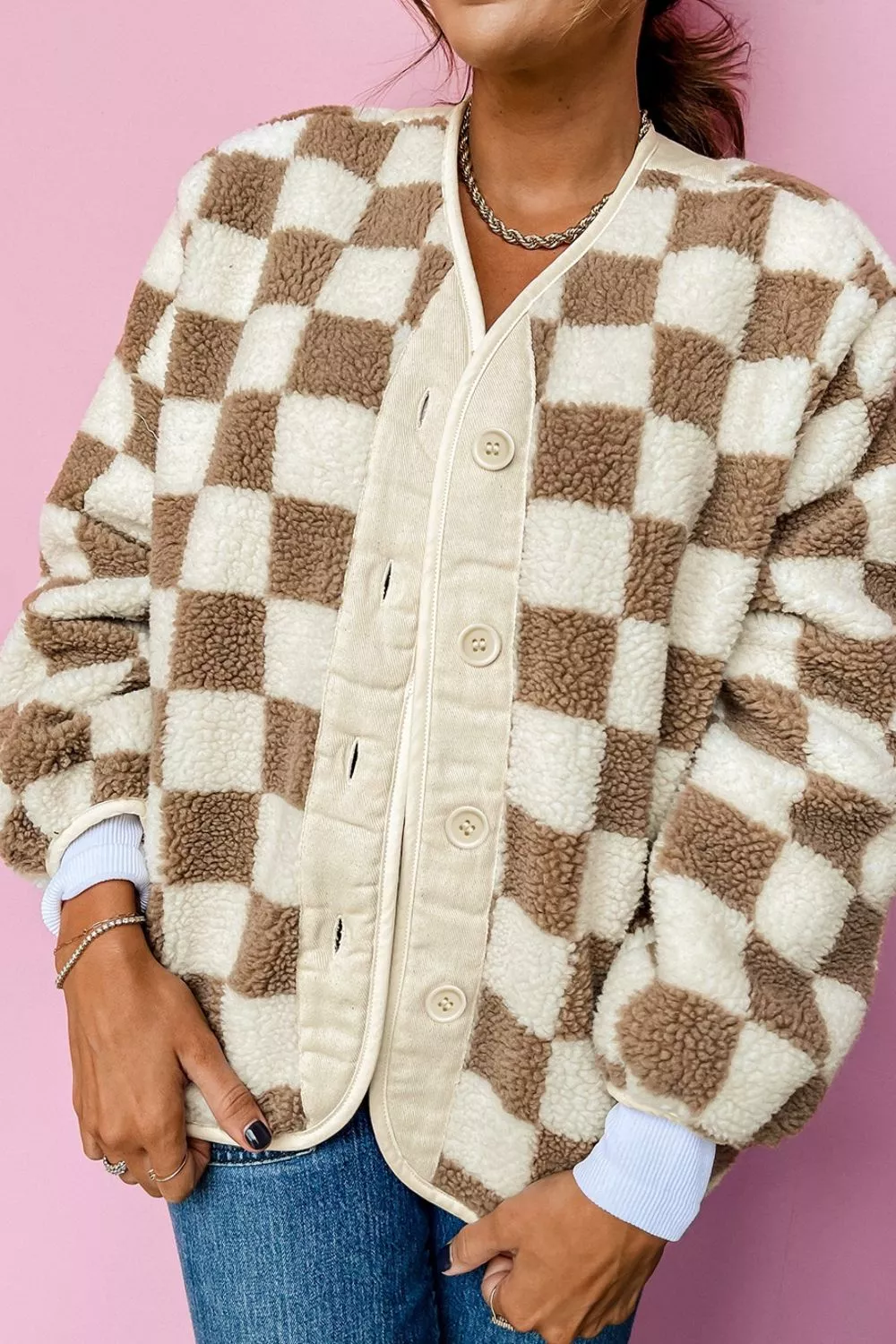 Checkered Sherpa Oversized Button Up Jacket, image 11