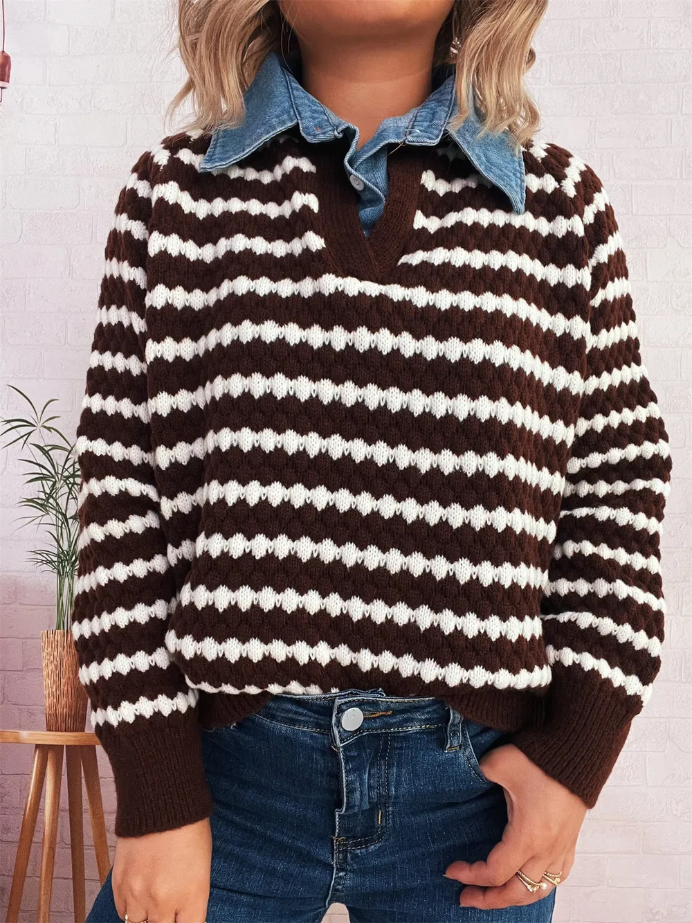 Contrast Striped Sweater with Denim Collar, image 31