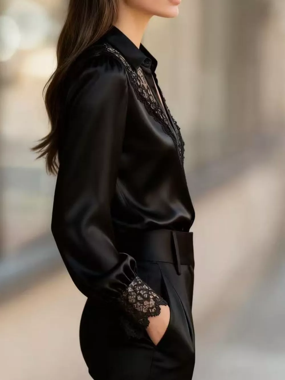 Lace Trim Satin Button Up Shirt, image 4