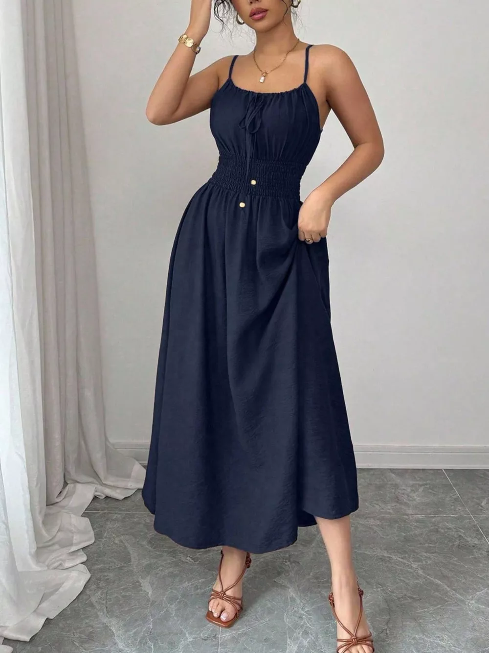 Smocked Spaghetti Strap Midi Dress, image 16