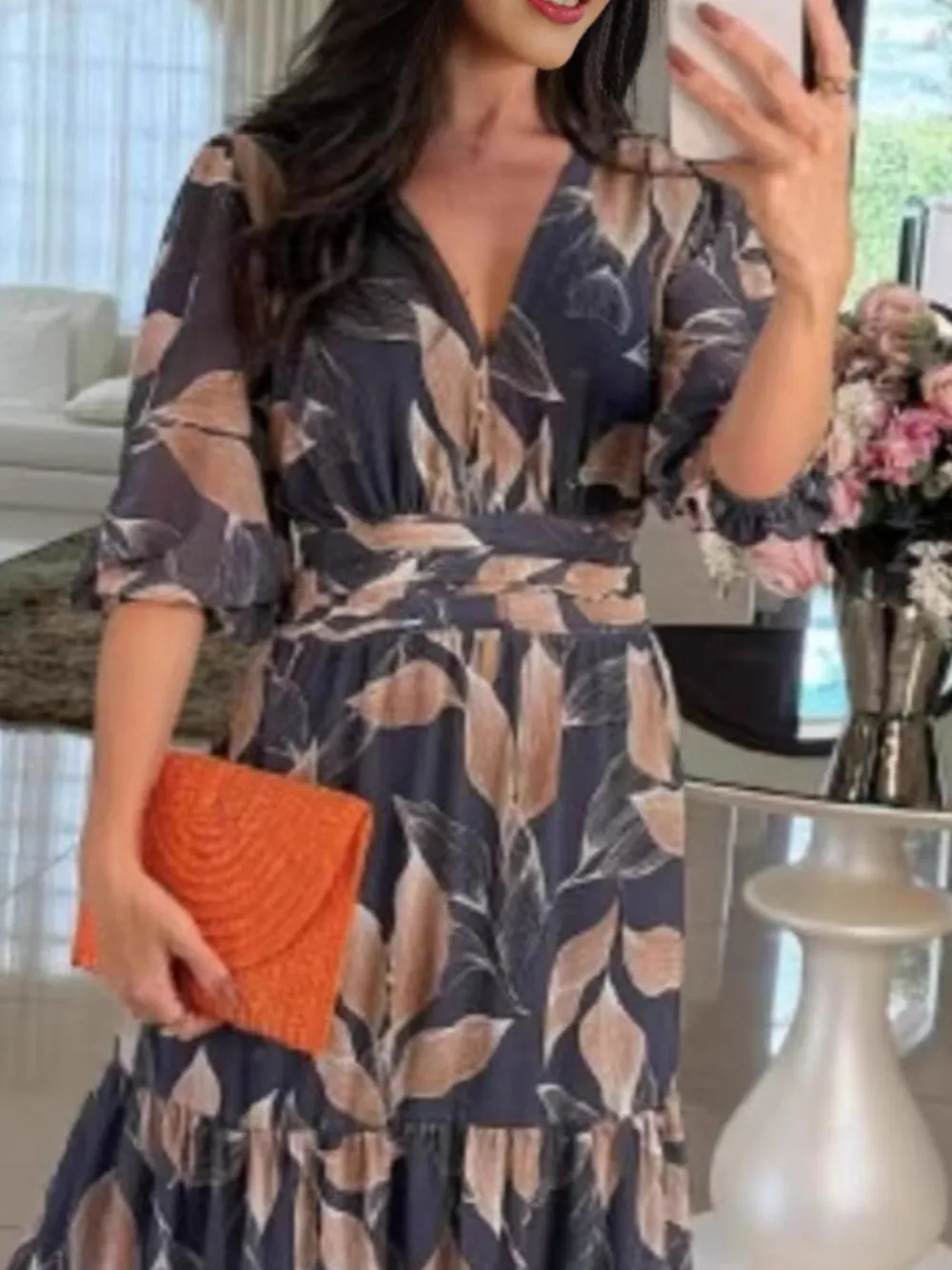Full Size Printed V-Neck Maxi Dress with Tiered Hemline Plus Size, image 8