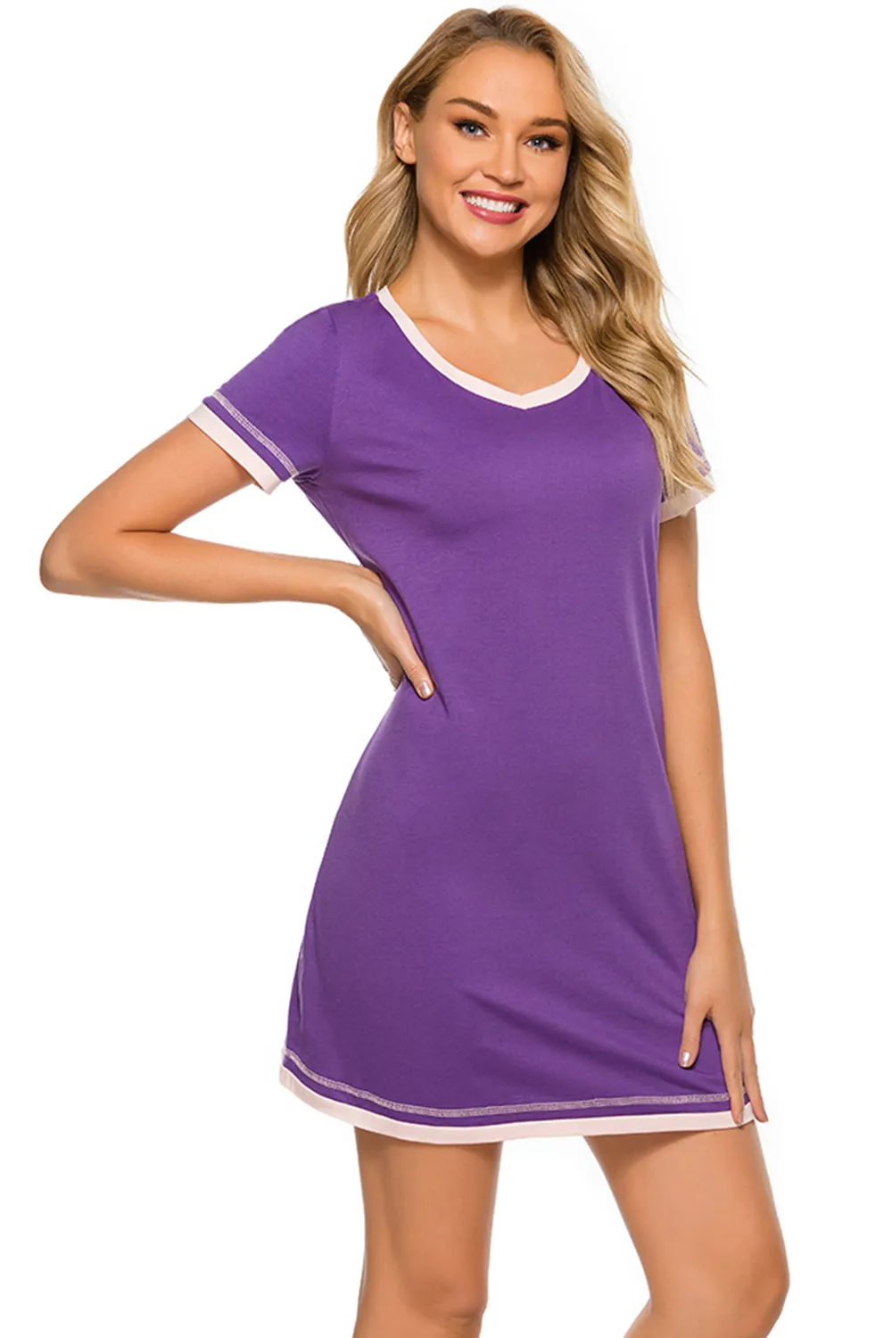 Contrast Trim Short Sleeve Lounge Dress, image 36