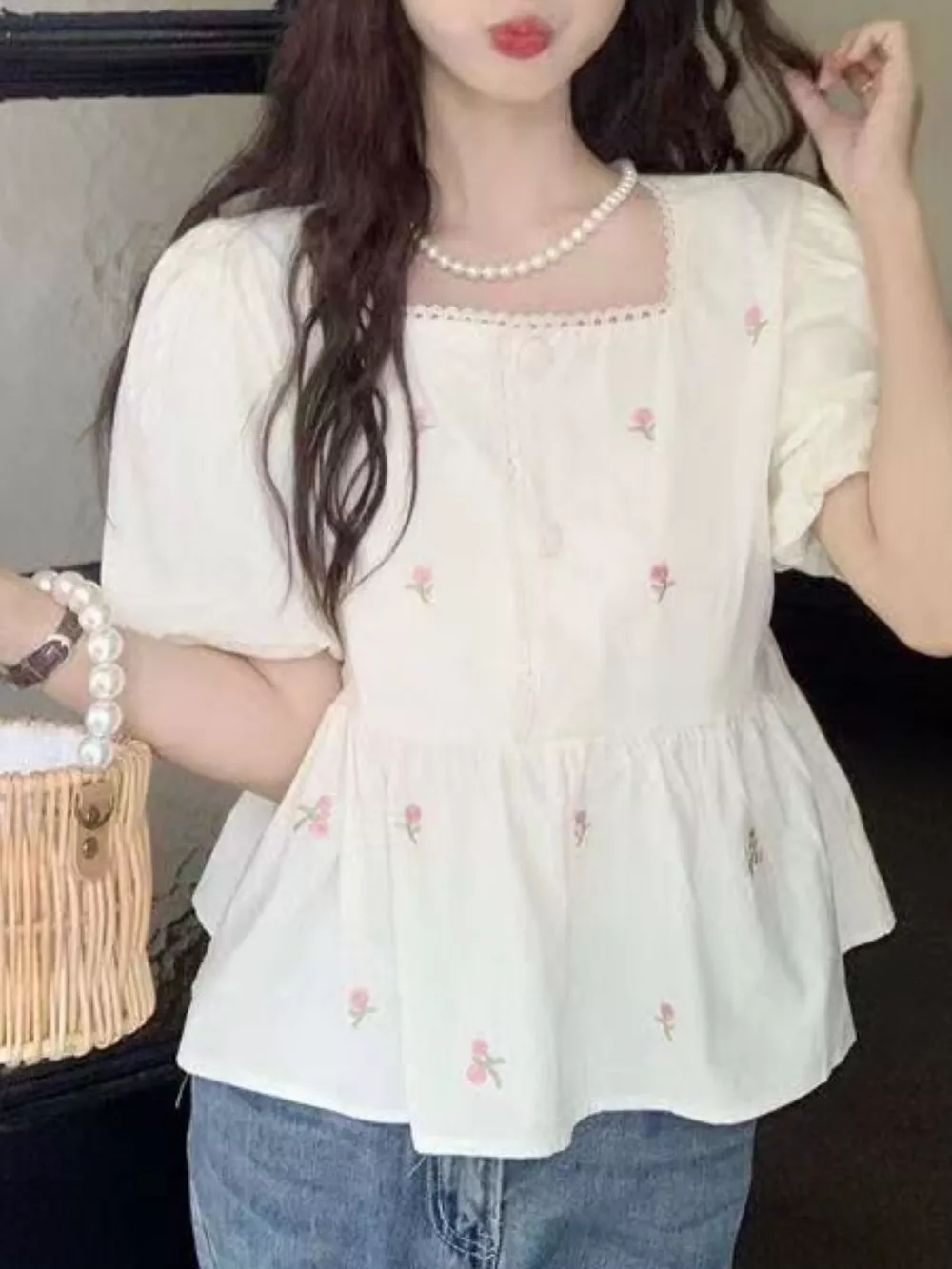 Floral Embroidered Puff Sleeve Peplum Blouse, image 6