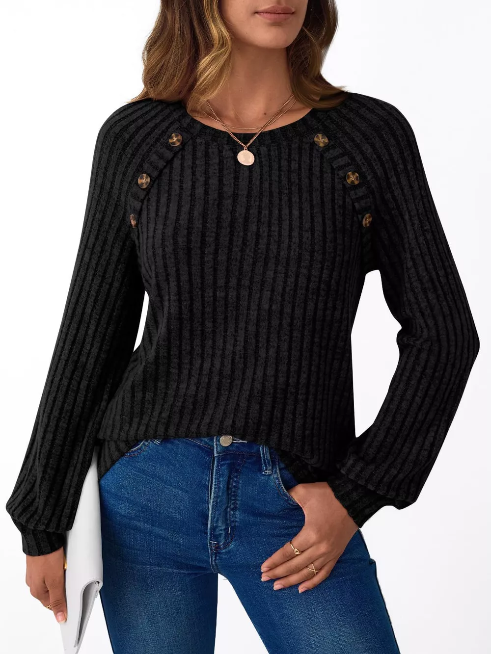 Ribbed Knit Decor Button Long Sleeve T-Shirt, image 10