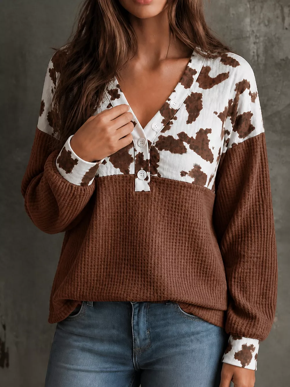 Cow Print Color Block Waffle Knit Blouse, image 14