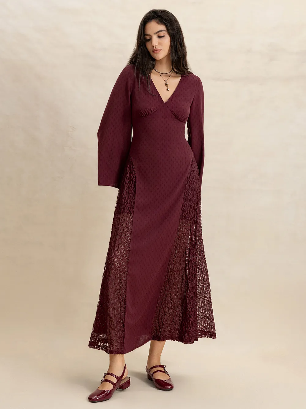 Lace Patchwork V-Neck Long Sleeve Midi Dress, image 8