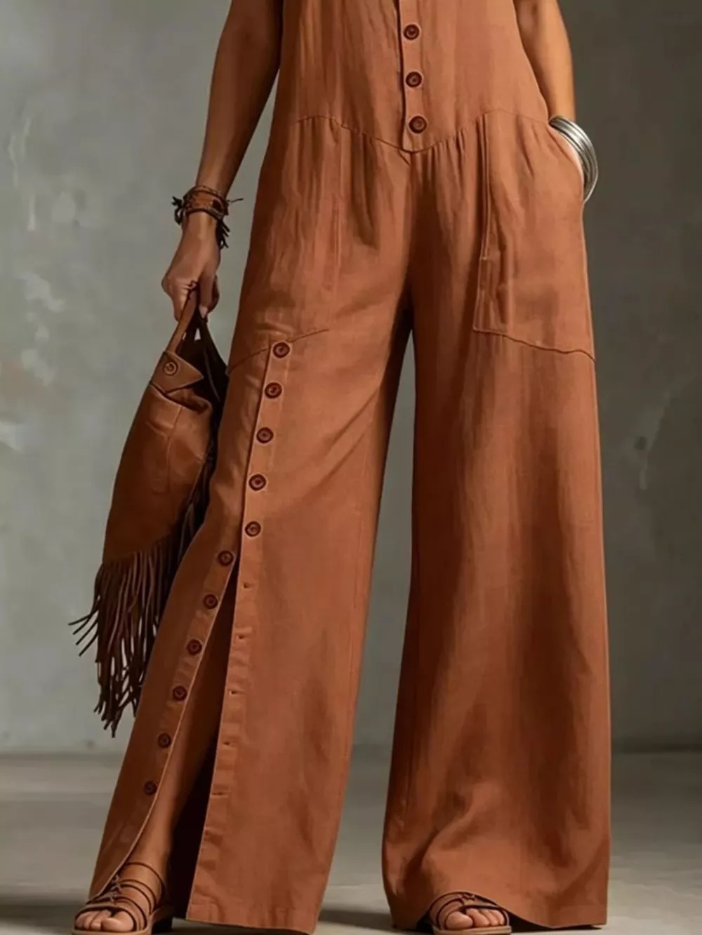 Full Size Sleeveless Button Front Wide Leg Jumpsuit Plus Size, image 8