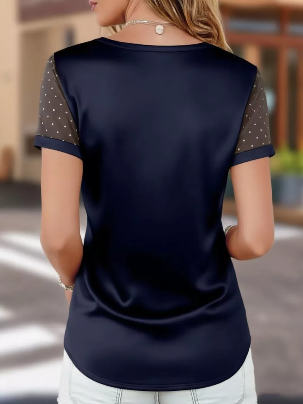 Polka Dot Mesh Sleeve Satin Short Sleeve Top, image 3