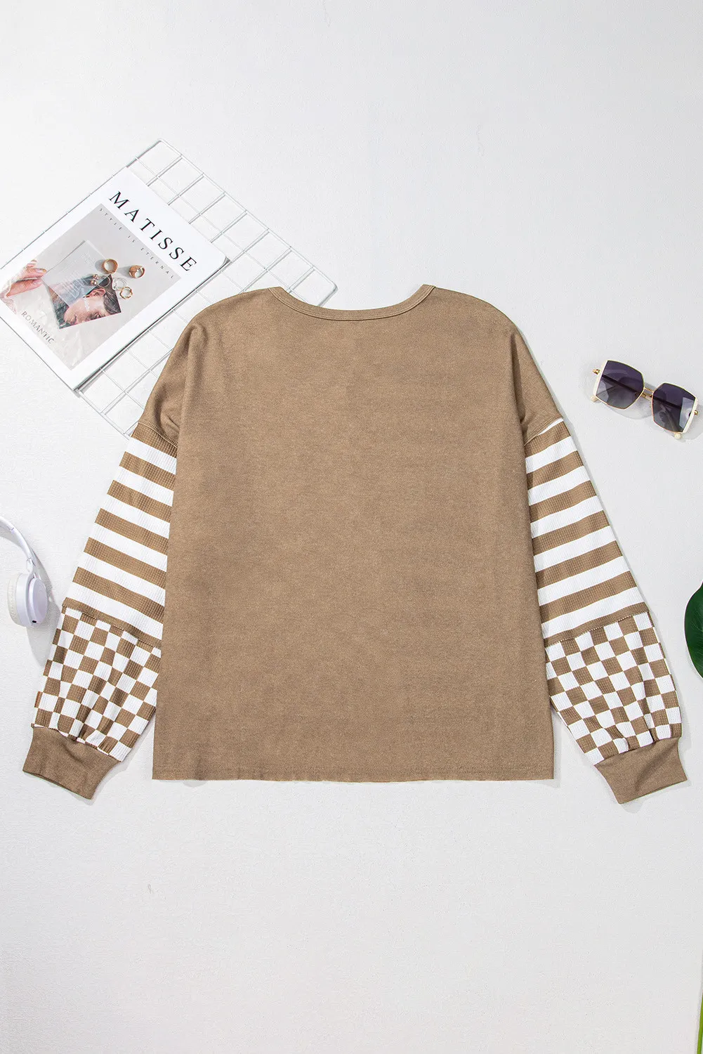 Checker & Stripes Round Neck Long Sleeve Blouse, image 9