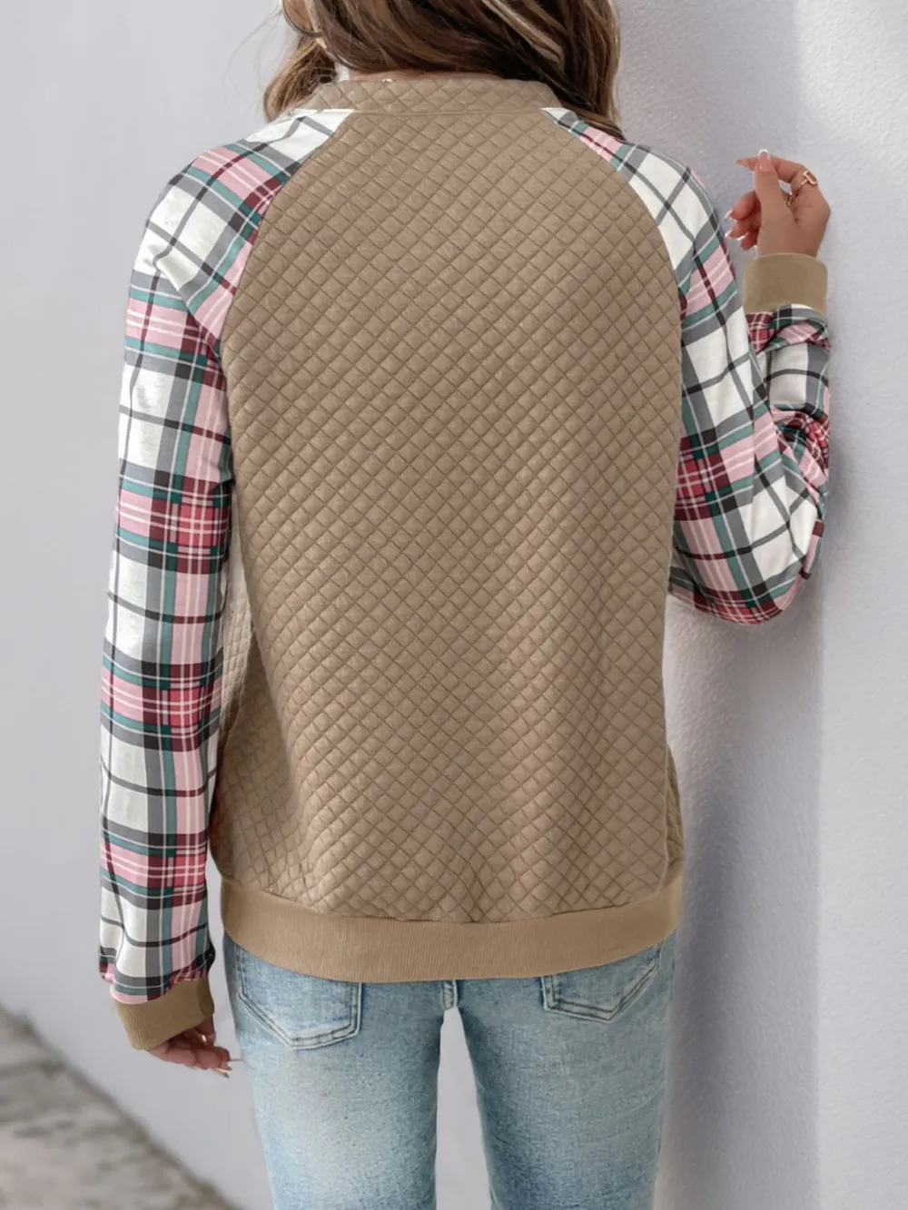 Plaid Half Zip Long Sleeve Texture Sweatshirt, image 6