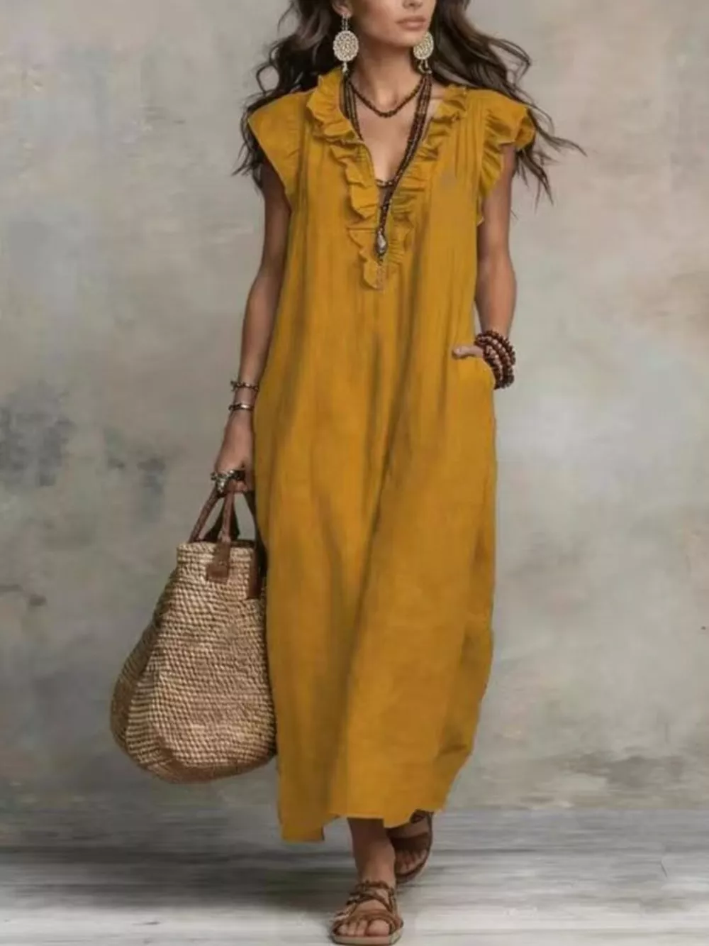 Full Size Bohemian Ruffle Neck Maxi Dress Plus Size, image 14
