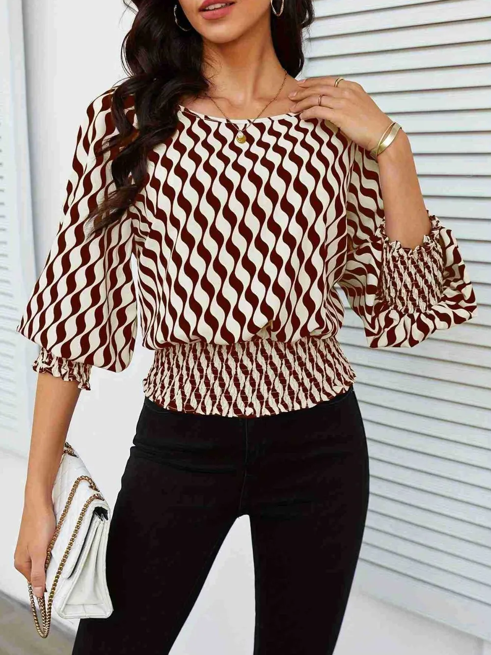 Geometric Print Lantern Sleeve Smocked Waist Blouse, image 4