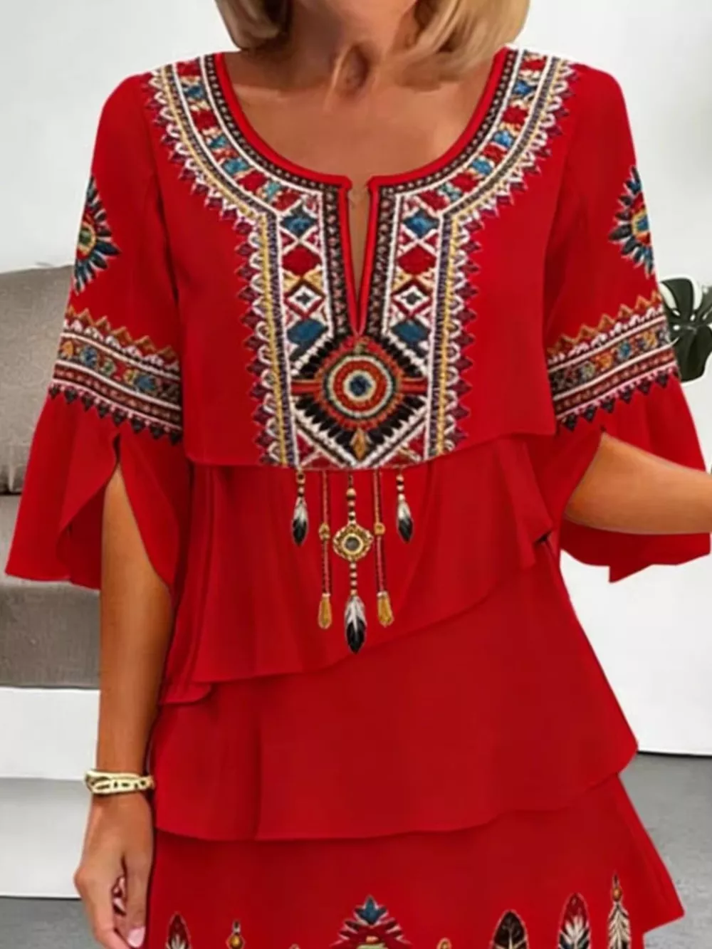 Full Size Printed Notched Ruffled Half Sleeve Dress Plus Size, image 5