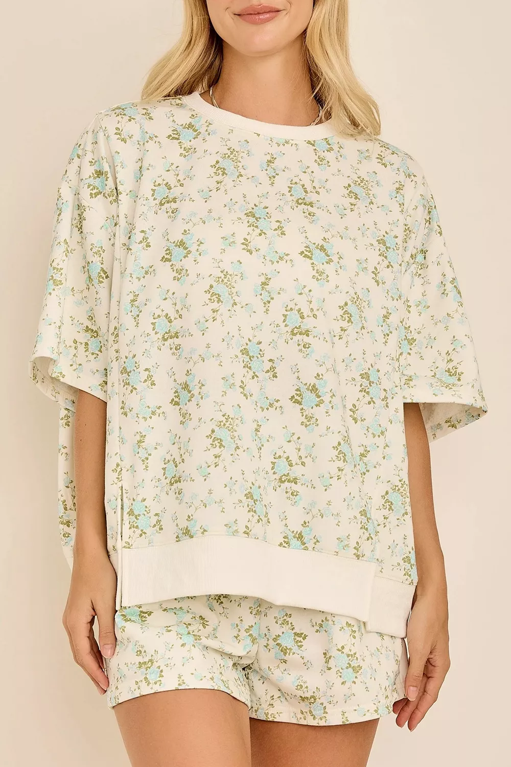 Floral Print Long Sleeve Shift Top Pocketed Shorts 2pcs Set, image 2