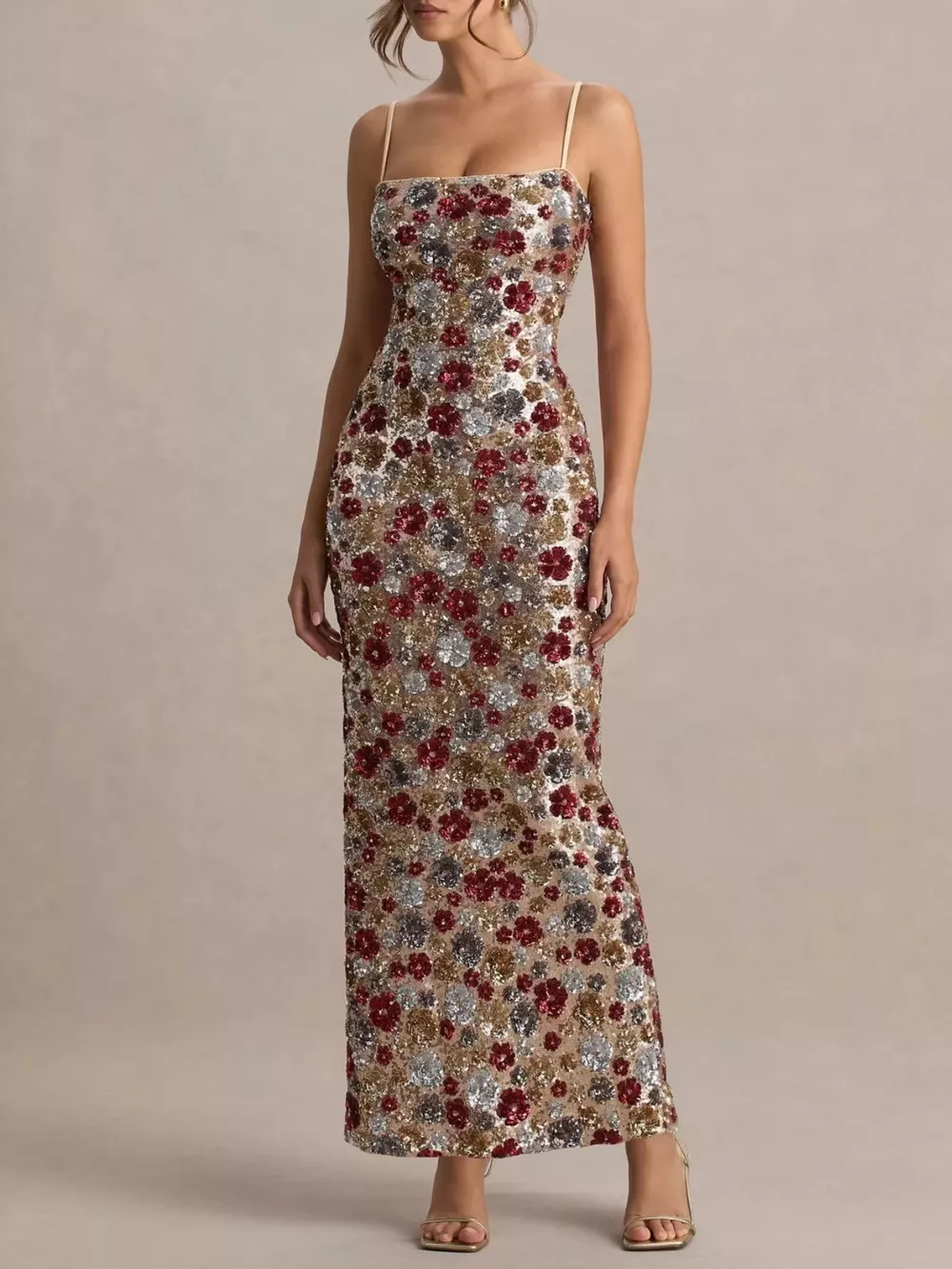 Slit Floral Sequin Bodycon Maxi Dress, image 2
