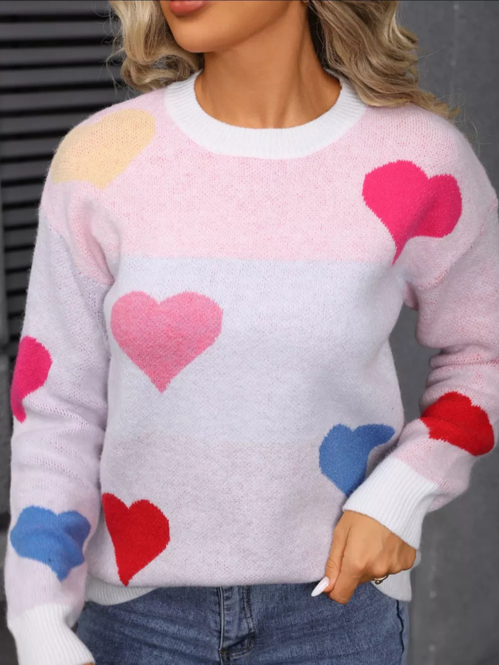 Valentine's Day Heart Round Neck Dropped Shoulder Sweater