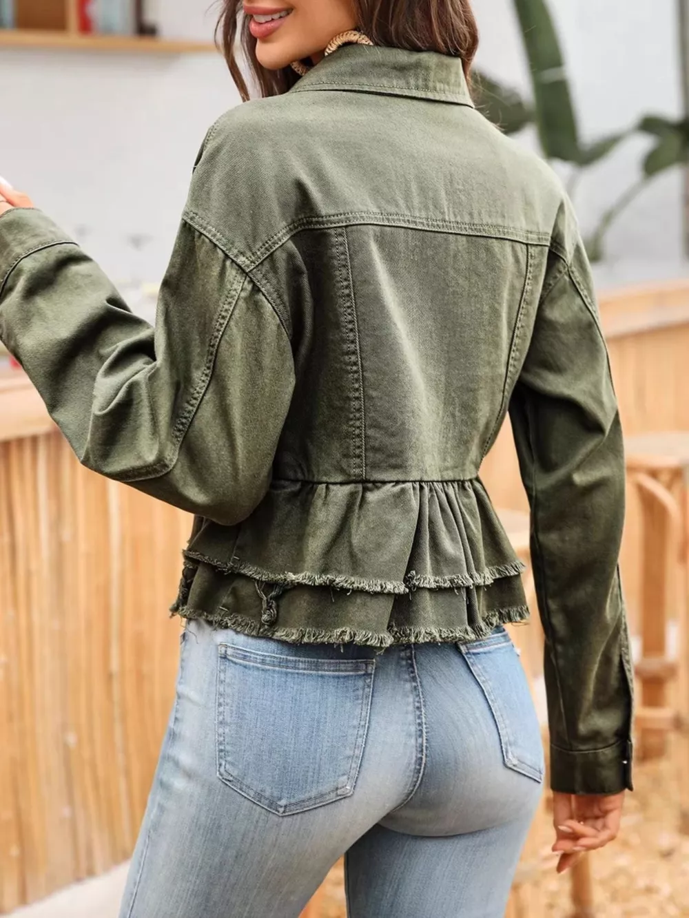 Ruffle Raw Hem Denim Jacket, image 5