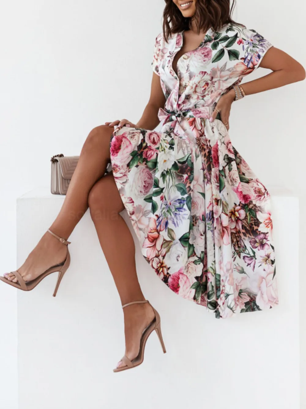 Floral Short Sleeve Midi Dress, image 2