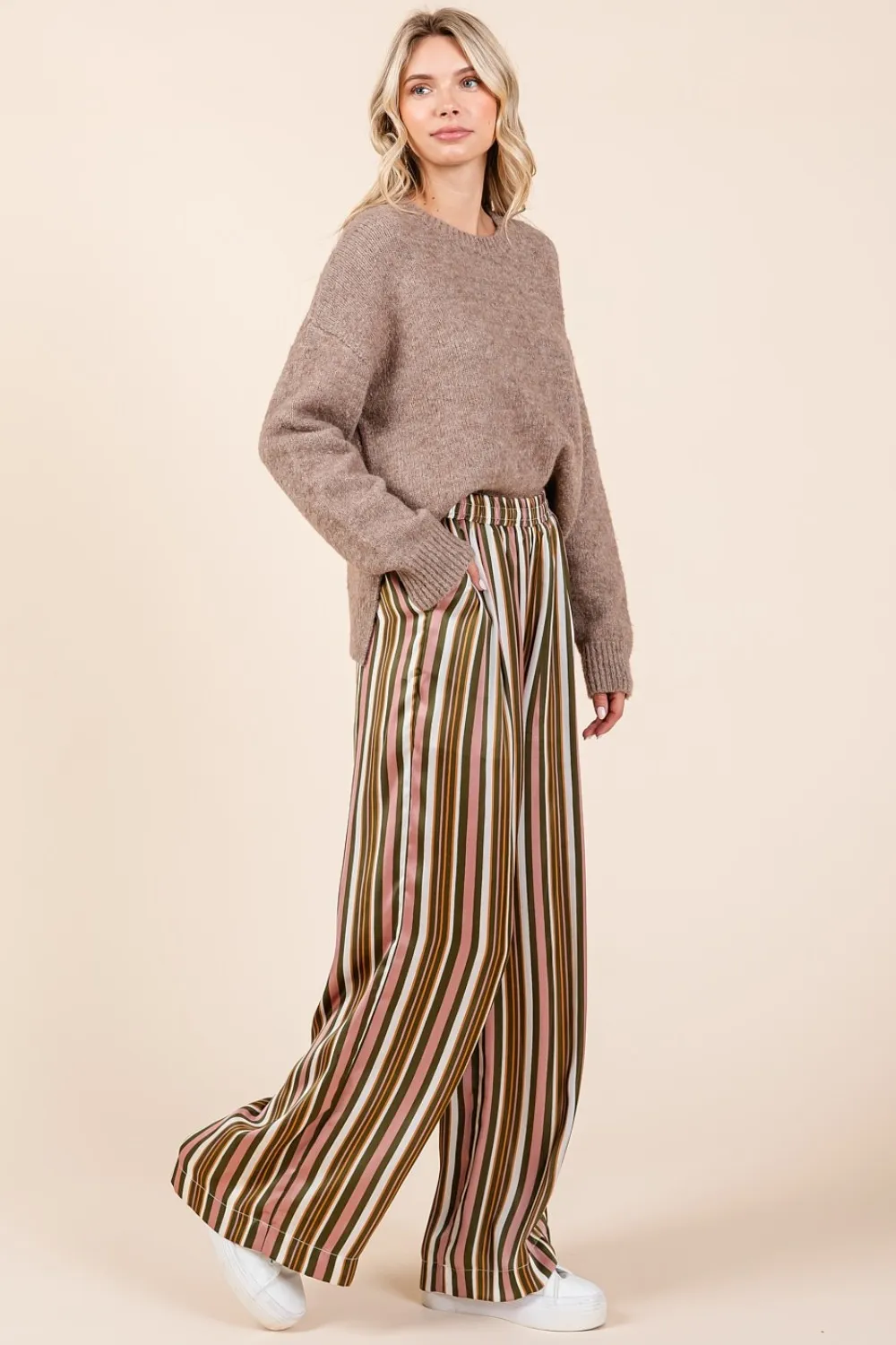Striped Satin Elastic Waist Wide Leg Pants, image 2