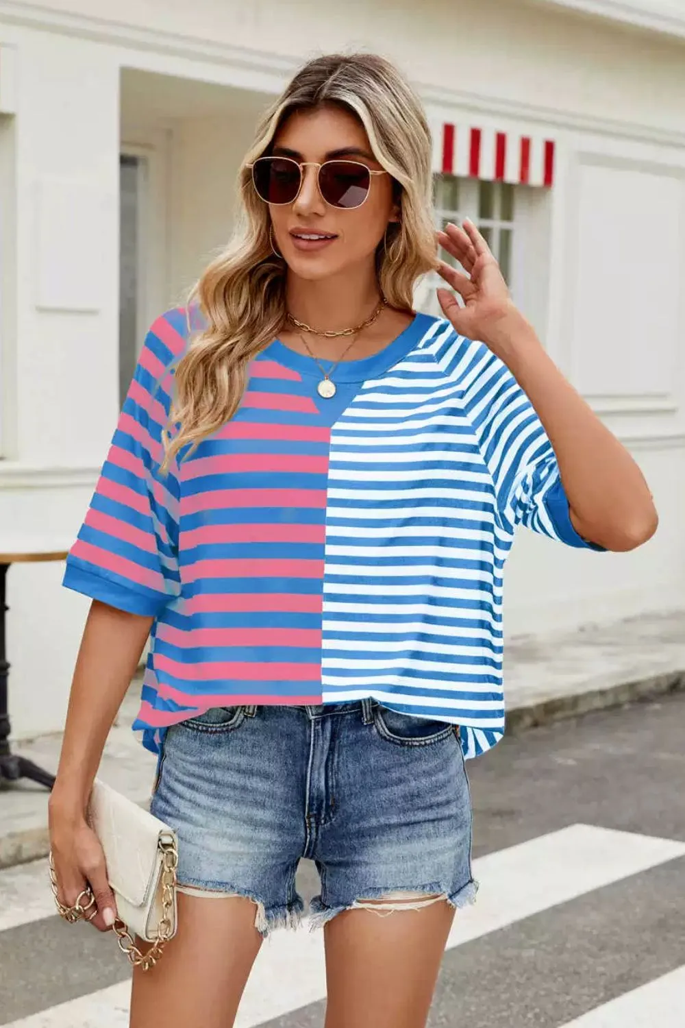 Striped Round Neck Half Sleeve T-Shirt, image 7