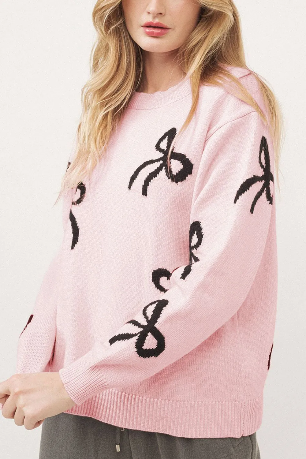Bow Pattern Round Neck Loose Fit Sweater, image 12