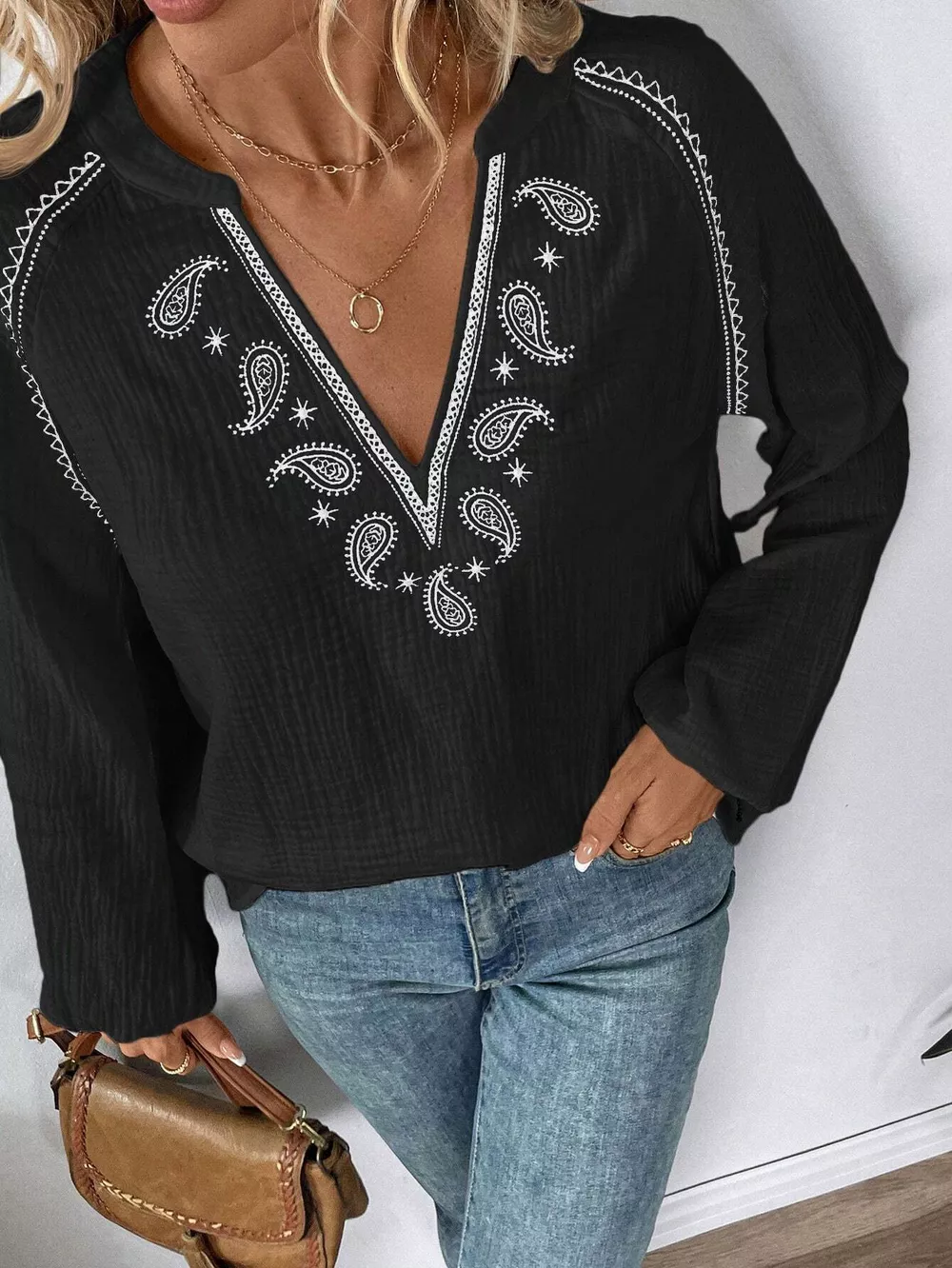 Paisley Notched Balloon Sleeve Blouse, image 14