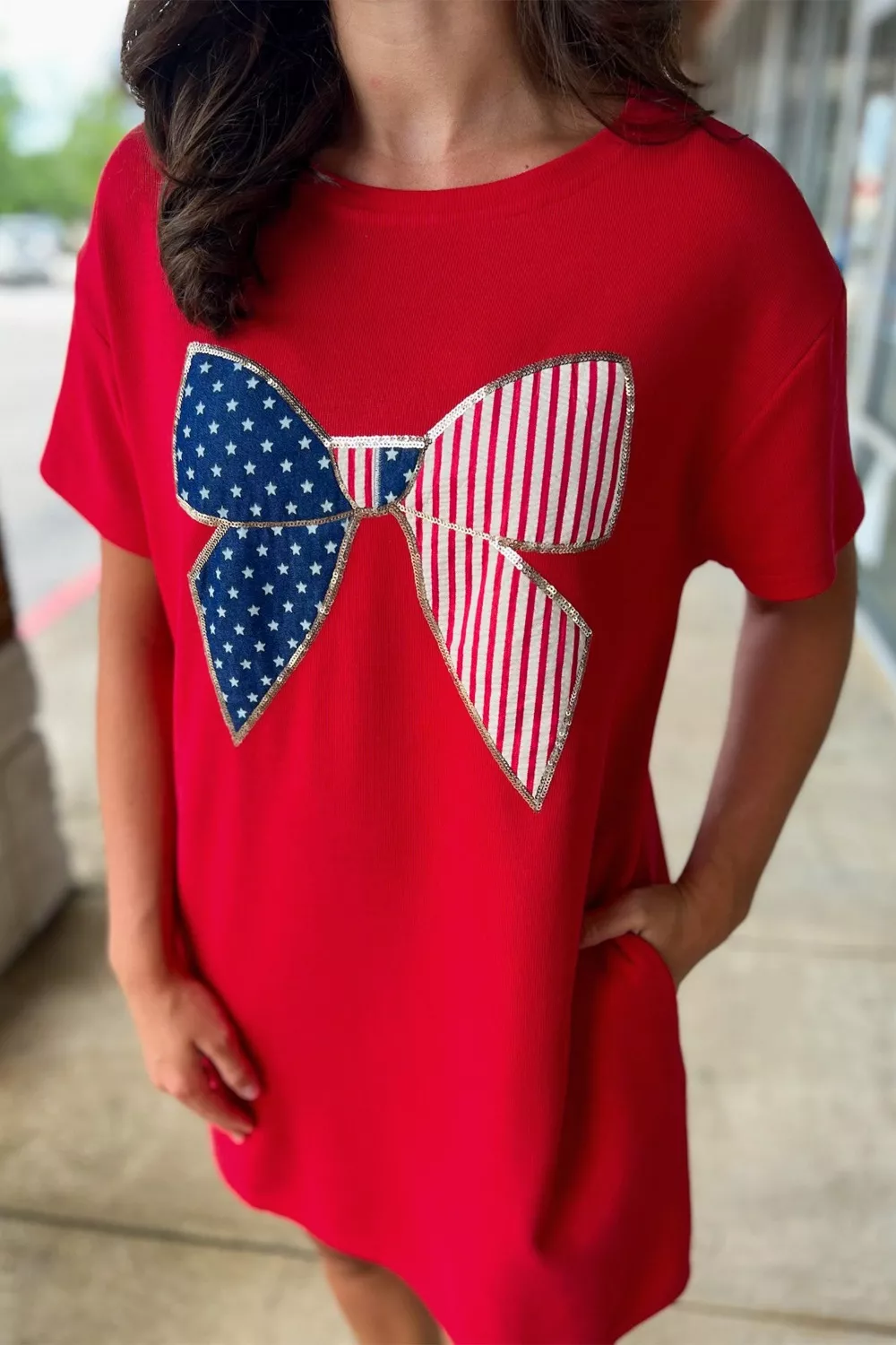 Sequin Trim Stars and Stripes Bow Patched T Shirt Mini Dress, image 3