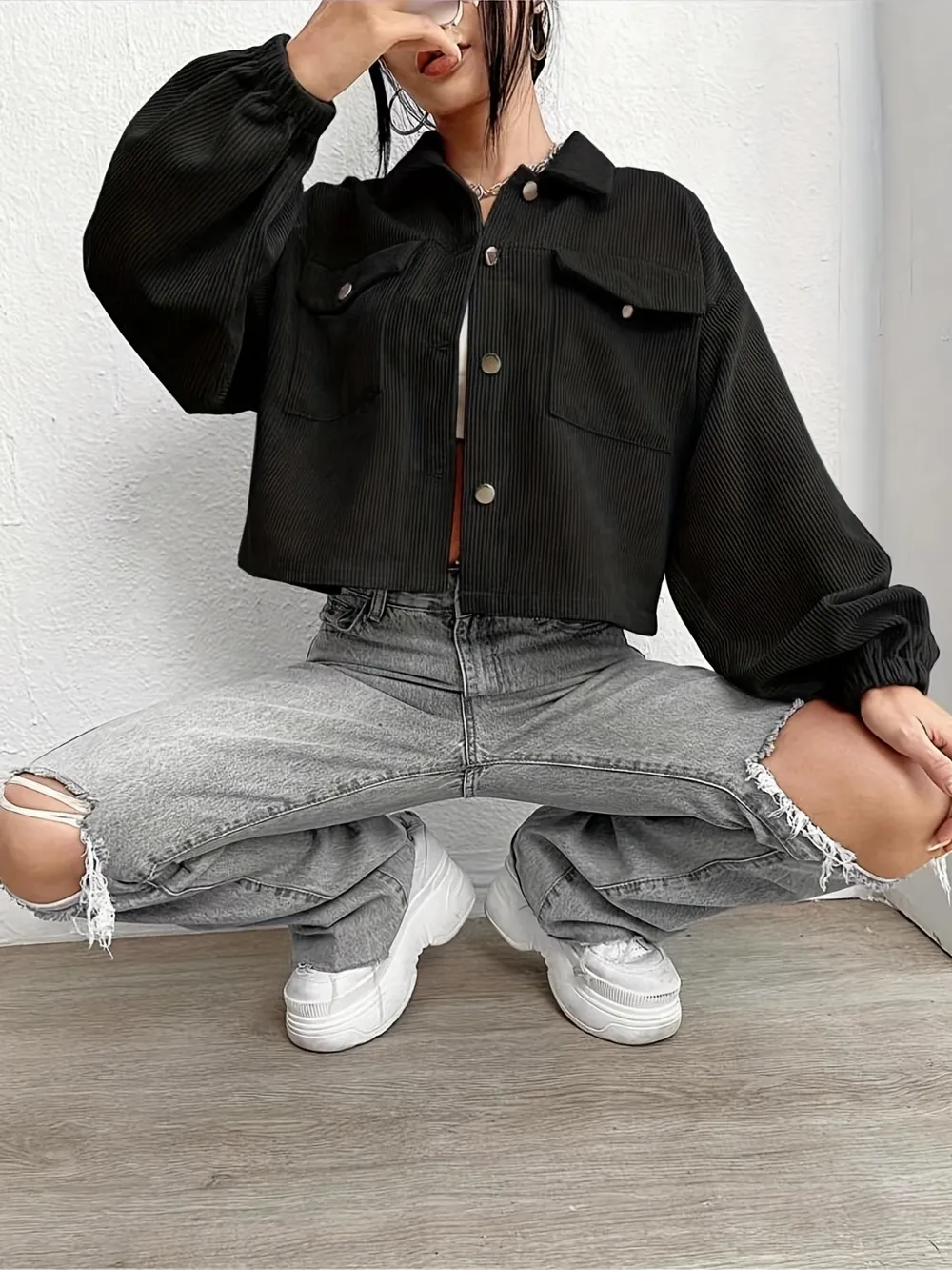 Collared Neck Dropped Shoulder Jacket, image 7