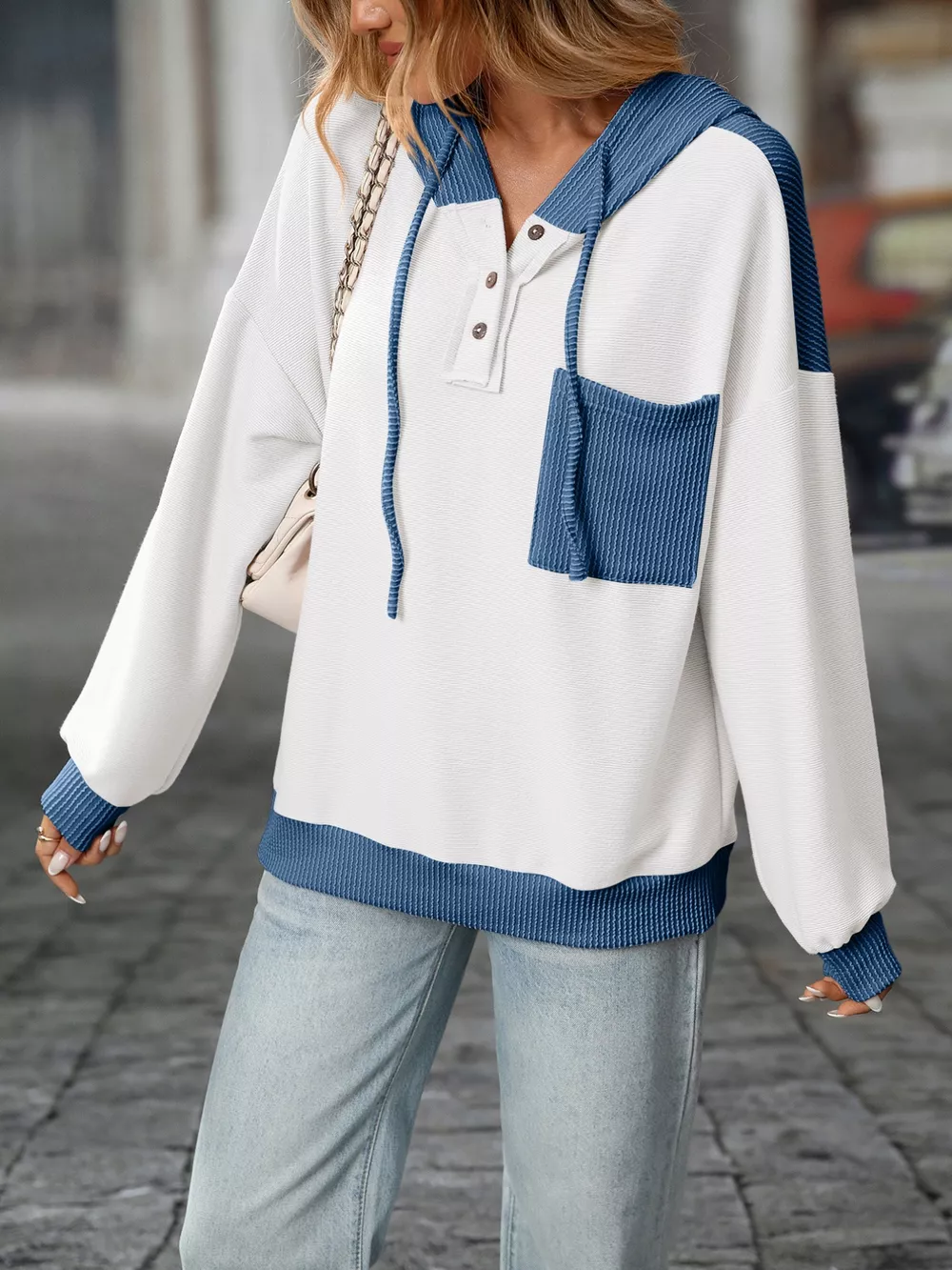 Casual Color Block Button Detail Hoodie, image 18