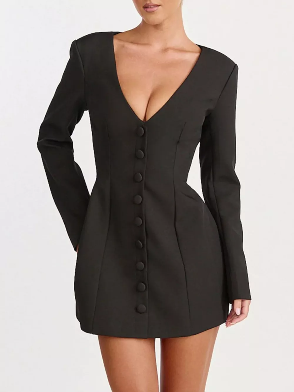 Deep V-Neck Button-Down Blazer Dress, image 8